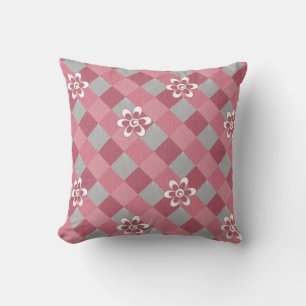 Gray and pink plaid with chamomile flowers cushion