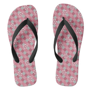 Gray and pink plaid with chamomile flowers flip flops