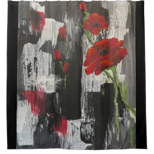 Gray and Red Poppy Rose Shower Curtain