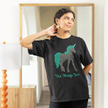 Gray and Teal Unicorn Personalized T-Shirt<br><div class="desc">Features a unicorn illustration in a realistic style. The unicorn is a dark charcoal gray with a teal green mane and tail. There’s a spot to add your own message in green lettering.</div>