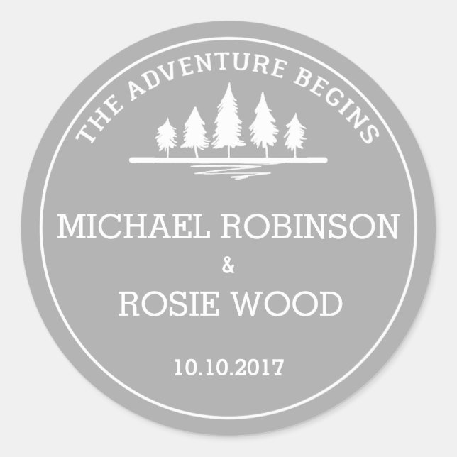 Gray and white adventure wedding sticker (Front)