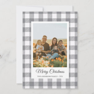Gray and white buffalo plaid photo Holiday Card