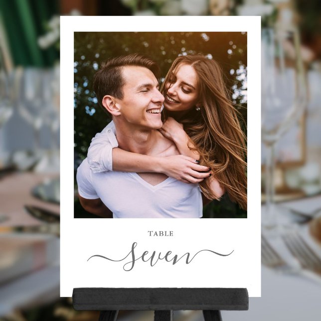 Gray And White Elegant Script Photo Table Number (Gray And White Elegant Script Photo Table Number)