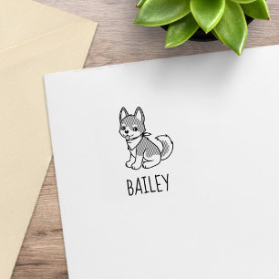 Gray and White Husky Puppy Dog Custom Name 1x1 Rubber Stamp