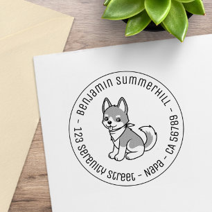 Gray and White Husky Puppy Dog Round Address Rubber Stamp