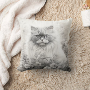 Gray and White Persian Cat Floral Throw Pillow