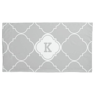 Gray and White Quatrefoil Pattern Monogrammed King Pillowcase