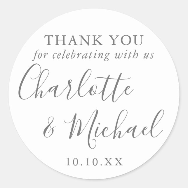 Gray And White Signature Wedding Favour Thank You Classic Round Sticker (Front)
