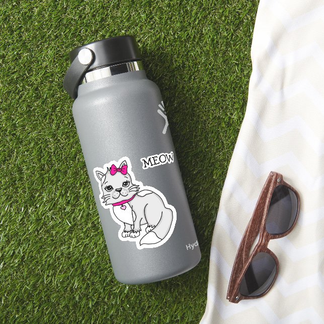 Gray and White Spotted Kitten with Pink Bow Sticke (HydroFlask Insitu)