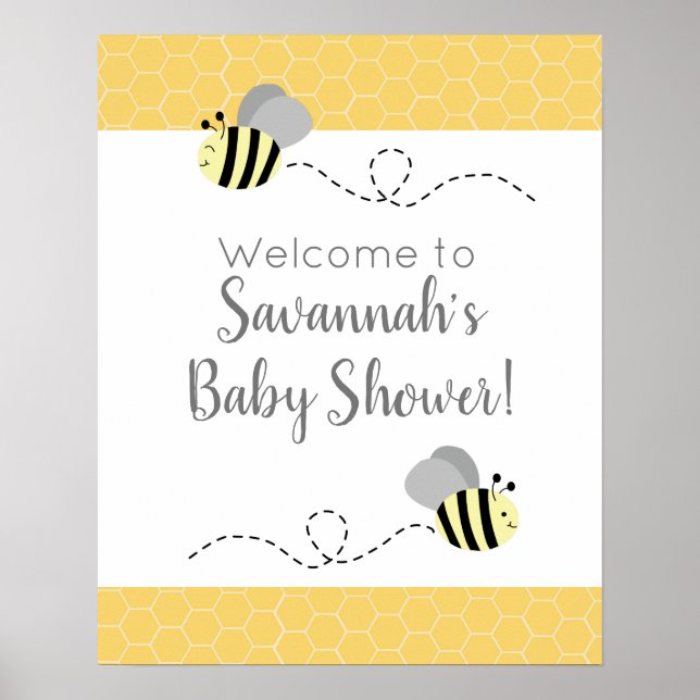 Gray and Yellow Bumble Bee Baby Shower Sign (Front)