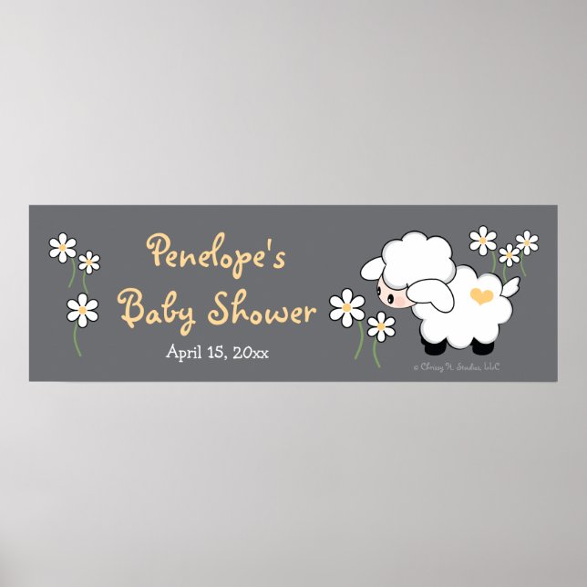 Gray and Yellow Heart Lamb Baby Shower Poster (Front)