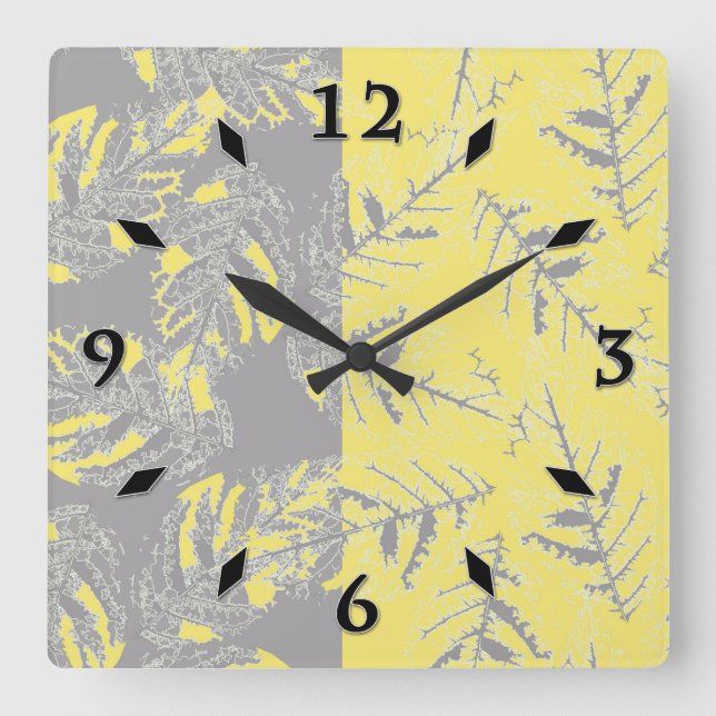 Gray and yellow leaves on a striped background. square wall clock (Front)