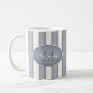 Gray & Antique White Stripes Bronze Monogram Coffee Mug