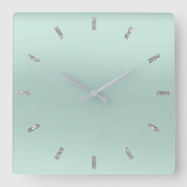 Gray Aqua Blue Ombre Minimal Glitter Square Wall Clock (Front)