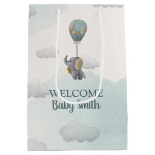 Gray Baby Elephant, Hot Air Balloon in Clouds Medium Gift Bag