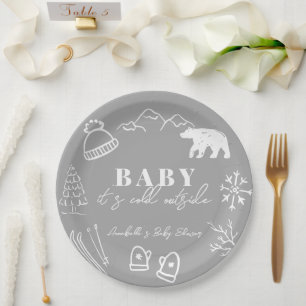 Gray Baby It's Cold Outside Hand-drawn Baby Shower Paper Plate