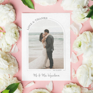 Gray Beautiful Arch Wedding Photo Love & Thanks Thank You Card