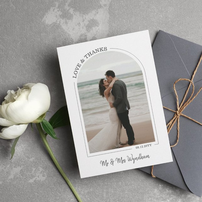 Gray Beautiful Arch Wedding Photo Love & Thanks Thank You Card (Creator Uploaded)