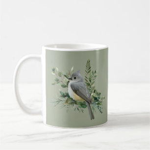 Gray Bird on Branch olive green background Mug
