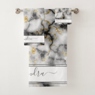 Gray Black and Gold Modern Marble Custom Elegant Bath Towel Set