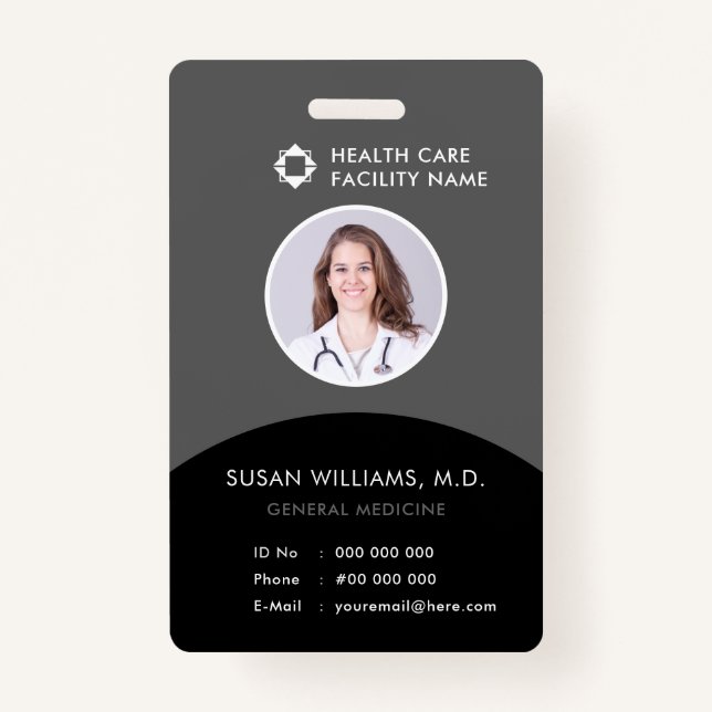 Gray Black Doctor Photo ID Healthcare Company Logo ID Badge (Front)