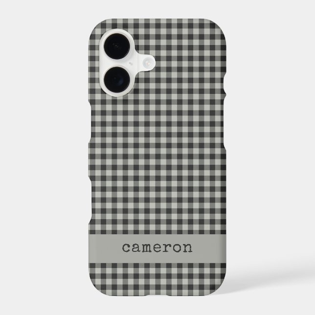 Gray Black Preppy Gingham Plaid Personalized Name (Back)
