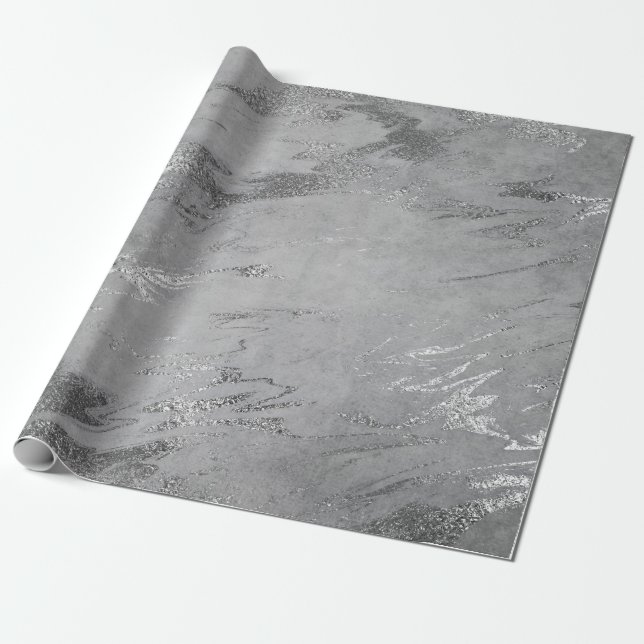 Gray Black Silver Graphite Marble Shiny Glam Wrapping Paper (Unrolled)