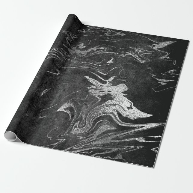 Gray Black Silver Graphite Marble Shiny Glam Wrapping Paper (Unrolled)
