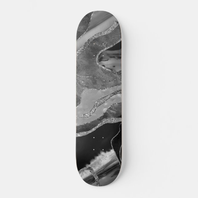 Gray Black White Marble Agate Silver Glitter #1 Skateboard (Front)