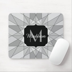 Gray black white Mosaic Triangle Pattern Monogram Mouse Mat