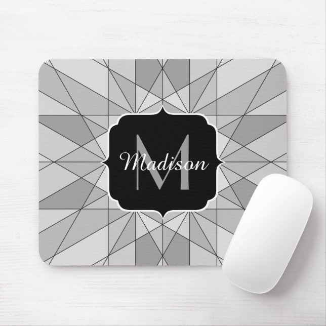 Gray black white Mosaic Triangle Pattern Monogram Mouse Mat (With Mouse)