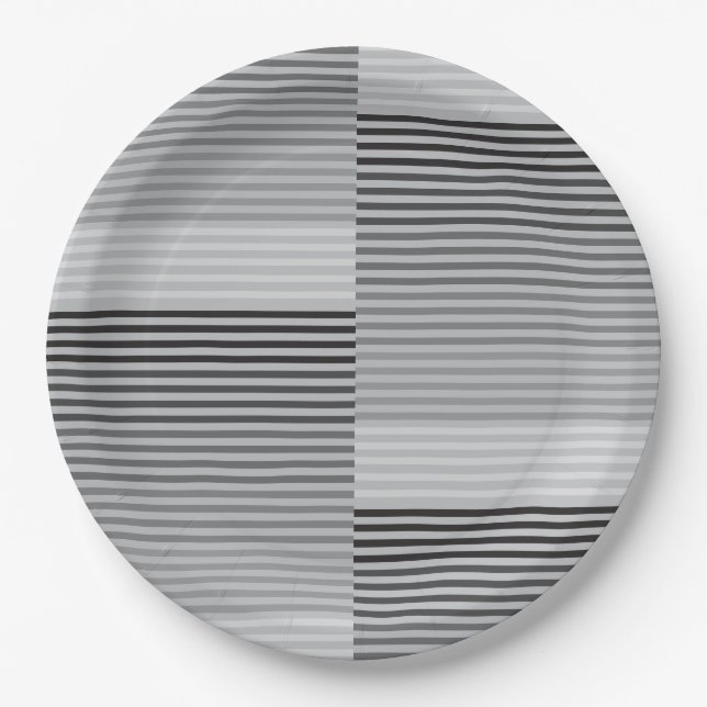 Gray, Black, White Stripes Paper Plate (Front)