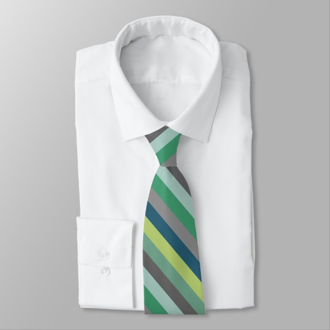 Gray Blue and Green Diagonal Striped Tie (Tied)