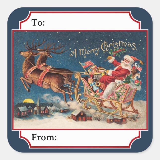 Gray-Blue Patriotic American Santa Christmas Gift Square Sticker (Front)