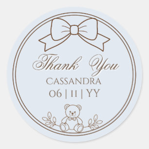 Gray Blue Personalized Teddy Bear Bow Classic Round Sticker