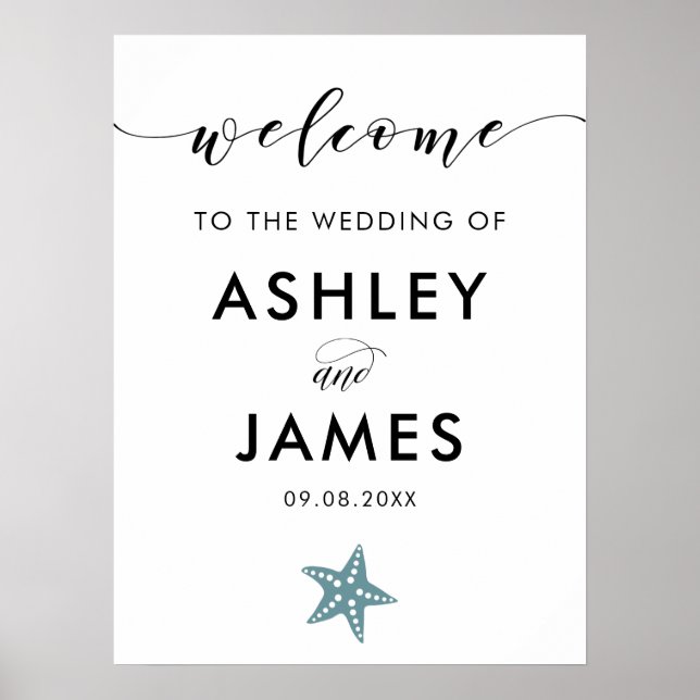Gray Blue Starfish Wedding Welcome Sign (Front)