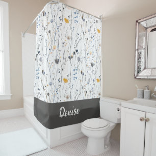 Gray Blue Watercolor Wildflower Monogram Shower Curtain