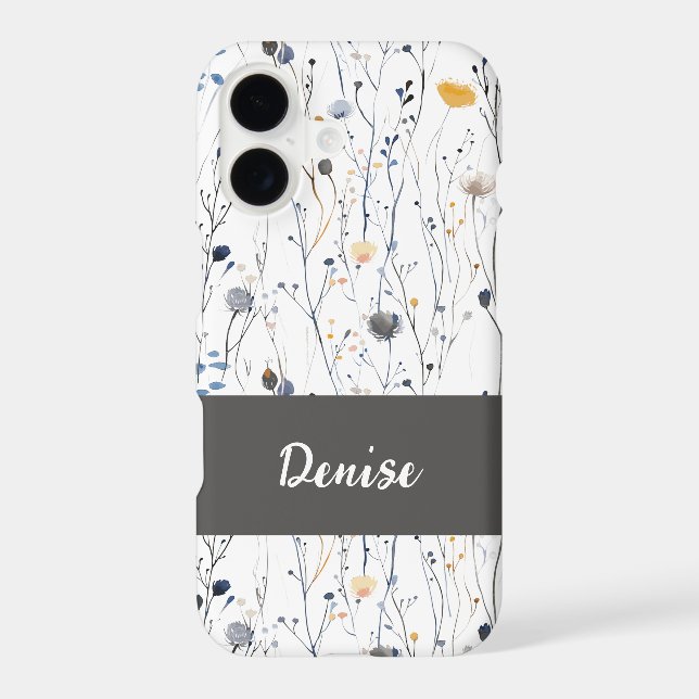 Gray Blue Watercolor Wildflower Name iPhone Case (Back)