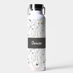 Gray Blue Wildflower Watercolor Monogram Name Water Bottle