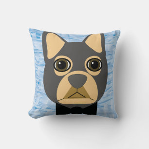 Gray/Brown French Bulldog, watercolor blue Cushion
