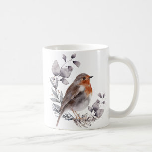 Gray Brown Watercolor Robin Bird Coffee Mug