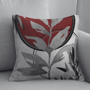 Gray & Burgundy Artistic Abstract Watercolor Leaf Cushion