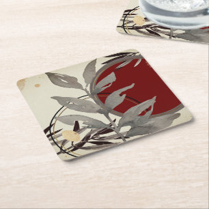 Gray Burgundy & Cream Artistic Abstract Watercolor Square Paper Coaster