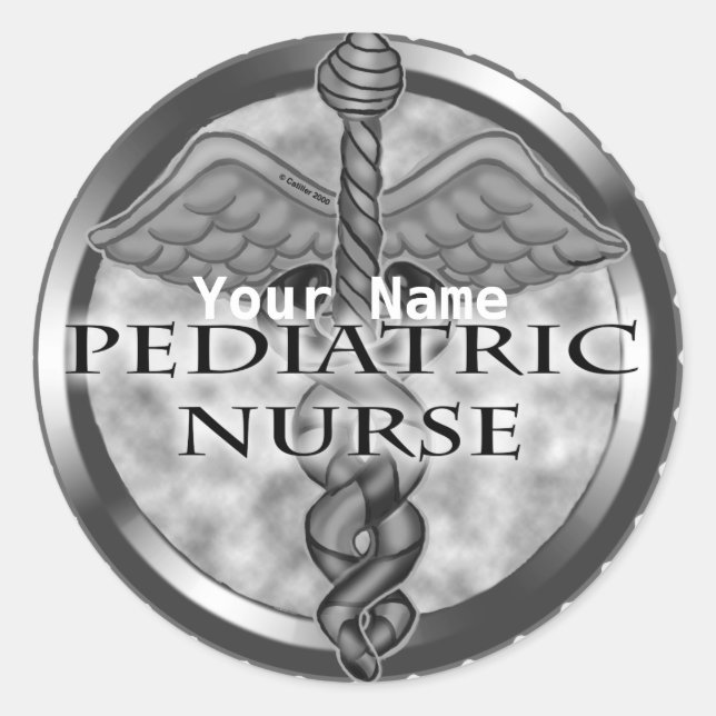 Gray caduceus Pediatric Nurse Classic Round Sticker (Front)