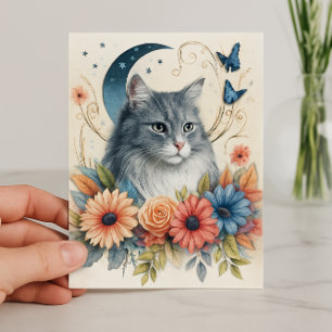 Gray Cat Butterfly Floral  Card