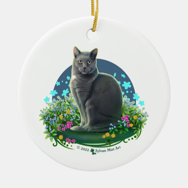 Gray Cat in the Flower Garden Ceramic Tree Decoration (Front)