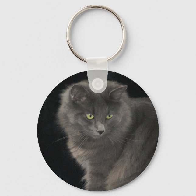 Gray Cat Long Hair Russian Blue Kitty Kitten Cute  Key Ring (Front)