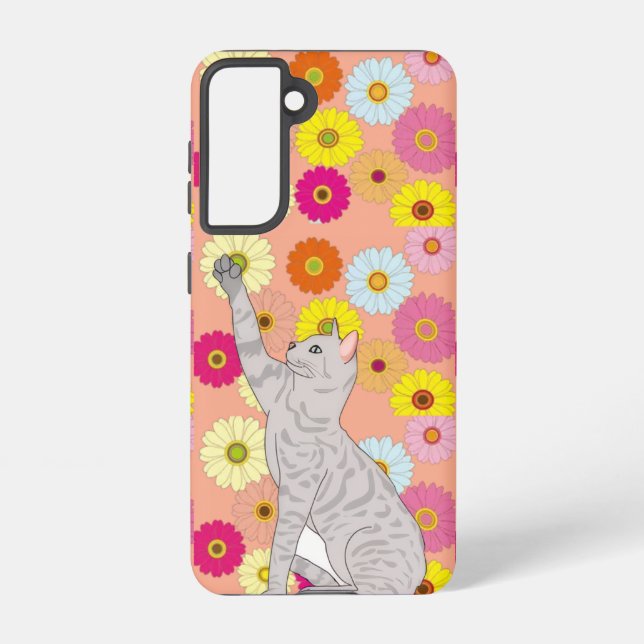 Gray Cat Reaching for Flowers Samsung Galaxy Case (Back)