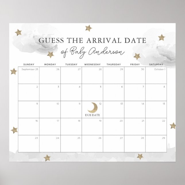 Gray Clouds & Stars Guess The Due Date Calendar Poster (Front)