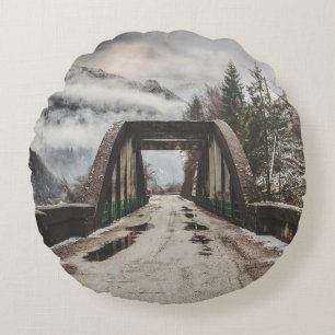 GRAY CONCRETE ARCH BRIDE BESIDE LEAFLESS TREE NEAR ROUND CUSHION